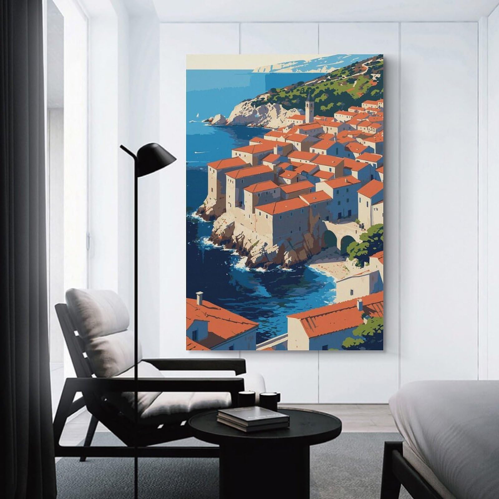 Junmoney Coastal Town with Red Roofs Room Decor Wall Art, 16x24inch(40x60cm), for Bedroom Walls, Guest Spaces Or Lounges, Stylish Decor for A Restful Room Update