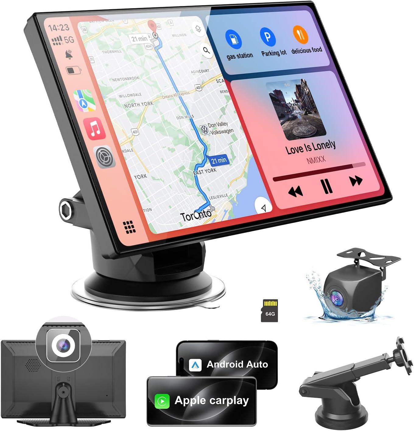 Product image of HK9 Carplay Screen for Car, 9" HD Portable Apple Carplay & Android Auto Screen, with 4K Dash Cam & 1080P Backup Camera, Upgrade Car Play Touchscreen, GPS Navigation/Siri/Mirror Link/Bluetooth/FM