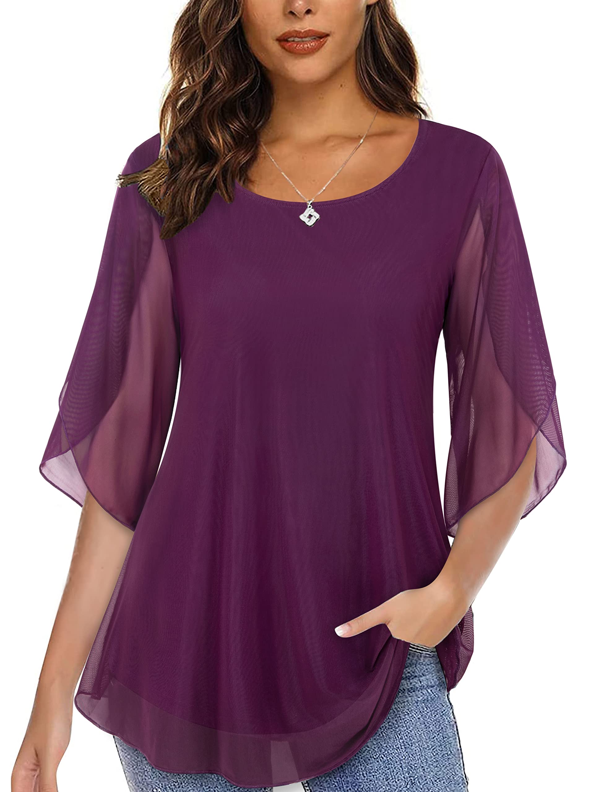 Photo 1 of Miusey Womens Ruffle 3/4 Sleeve Mesh Blouses Loose Flowy Tops with Elasticity Purple, Small