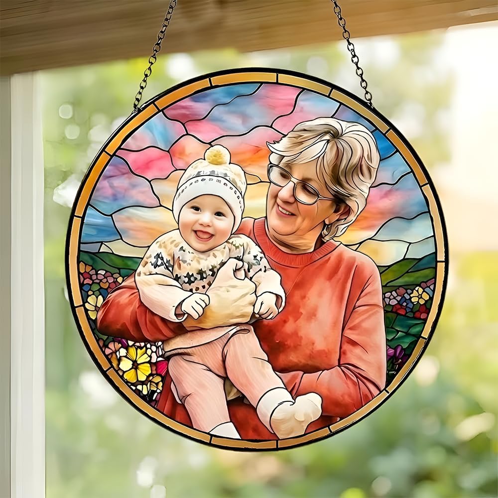 Personalized Photo Mom Grandma Stained Glass Sun Catcher, Custom Window Hanging for Mom Grandma Gifts, Sun Catcher Decor for Mothers Day, Christmas Keepsake 3
