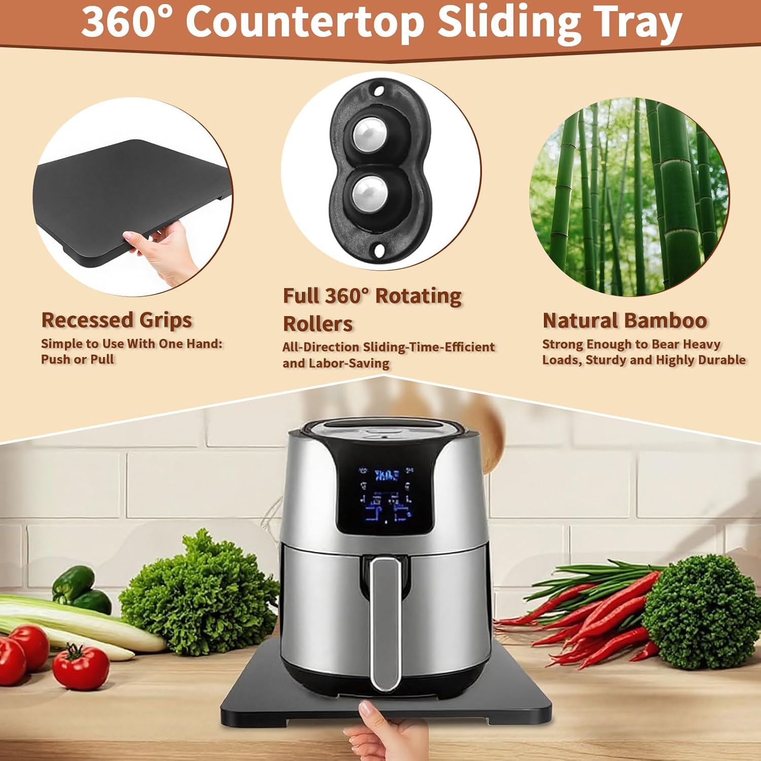 360° Rotating Bamboo Slider Tray for Kitchen Appliances，Fit Coffee Makers,Air Fryers,Toaster Ovens,Mixers,Blenders,Kettles & Slow Cookers，Slides easily from under cabinets Black(Large 15.91"×13")