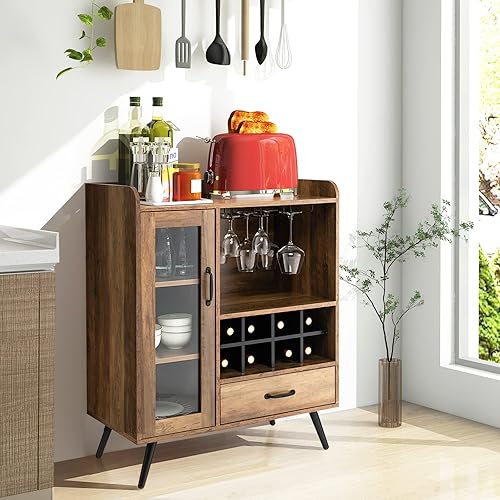 Miniatura 2 de Giantex Armario de bar con estante para vinos, gabinete de bufé de café con almacenamiento, cajón, soporte para vidrio, aparador de madera para