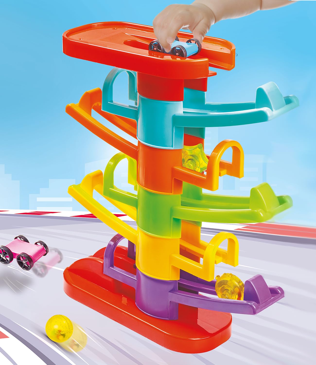 Intelliskills Premium Zip Zap Zoom Racing Tower Track with Stack,Drop, Roll &Ramp Play for Boys/Girls|4 Level Toy Car Ramp Race with 3 Toy Cars|Activi...
