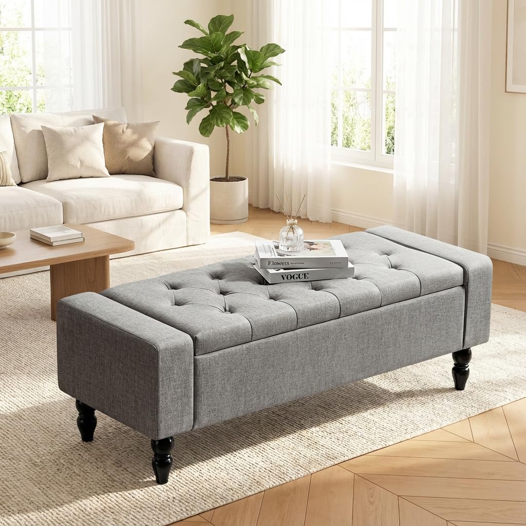 Hellove Ottoman de Rangement avec Coussin – Banc de Rangement pour Salon, Entrée, Chambre – Grand Espace de Stockage, Banc Coffre Assise Confortable, Mousse Épaisse & Structure Robuste, Gris