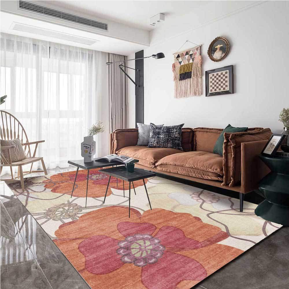 Tapis de salon rétro à fleurs orange doux et lavable de 120x160 cm