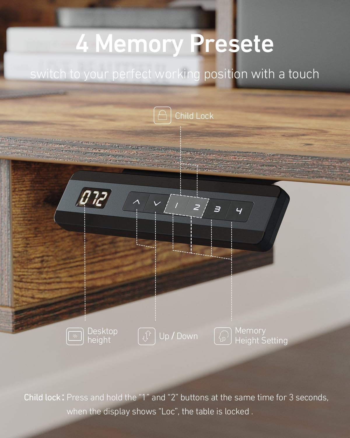 CubiCubi 48" x 24" Standing Desk with Drawers, Electric Height Adjustable Workstation, Computer Sit Stand Up Office Table with Large Storage Shelf, 4 Drawers and 2 Hooks, Rustic Brown