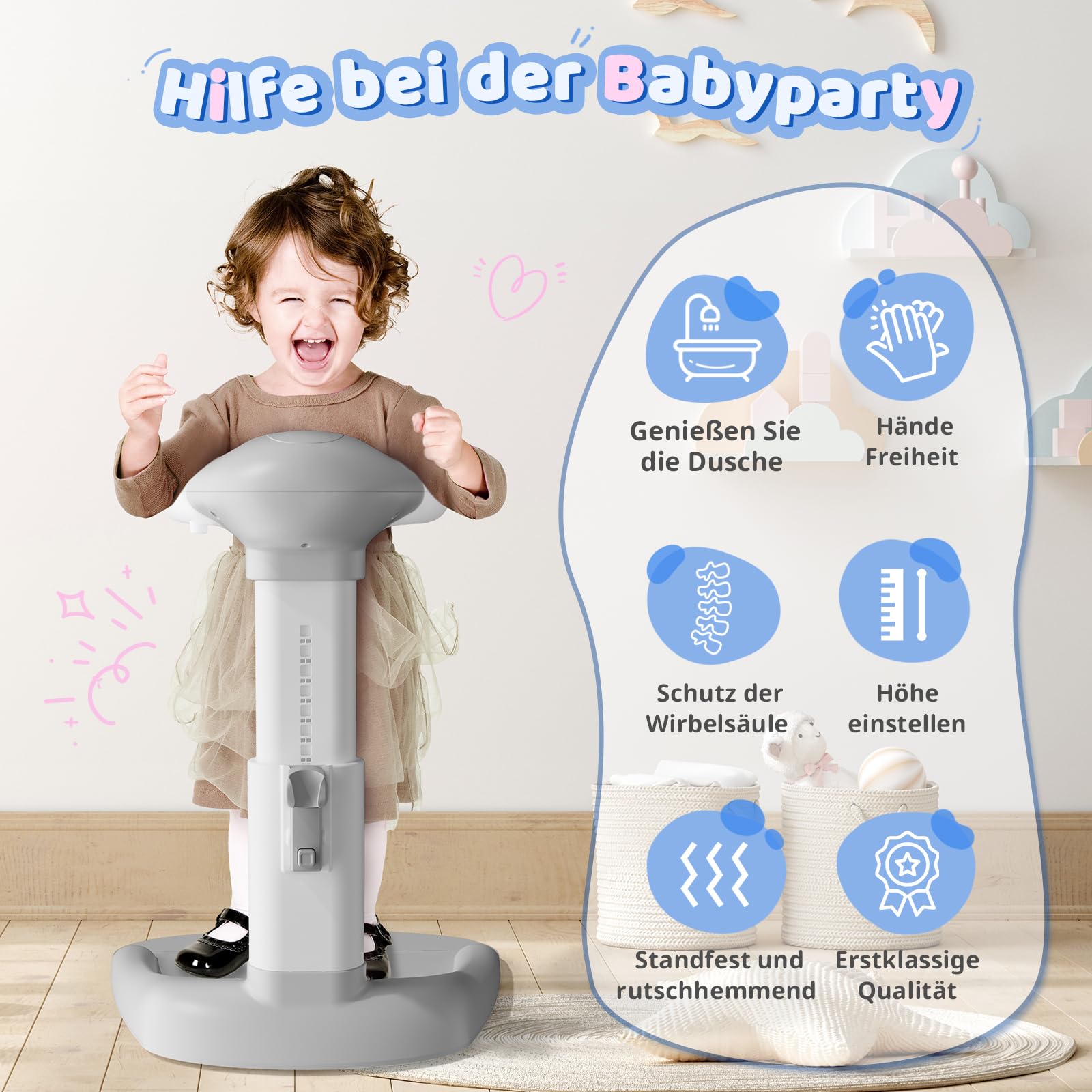 COOSEYA® Baby Dusche Ständer – Einstellbarer Baby Shower Stand Support mit AntiRutsch-Basis, Duschständer Kind, Anstelle eines Badewannensitzes baby – zum Baden, Windelwechseln und Waschen des Popos