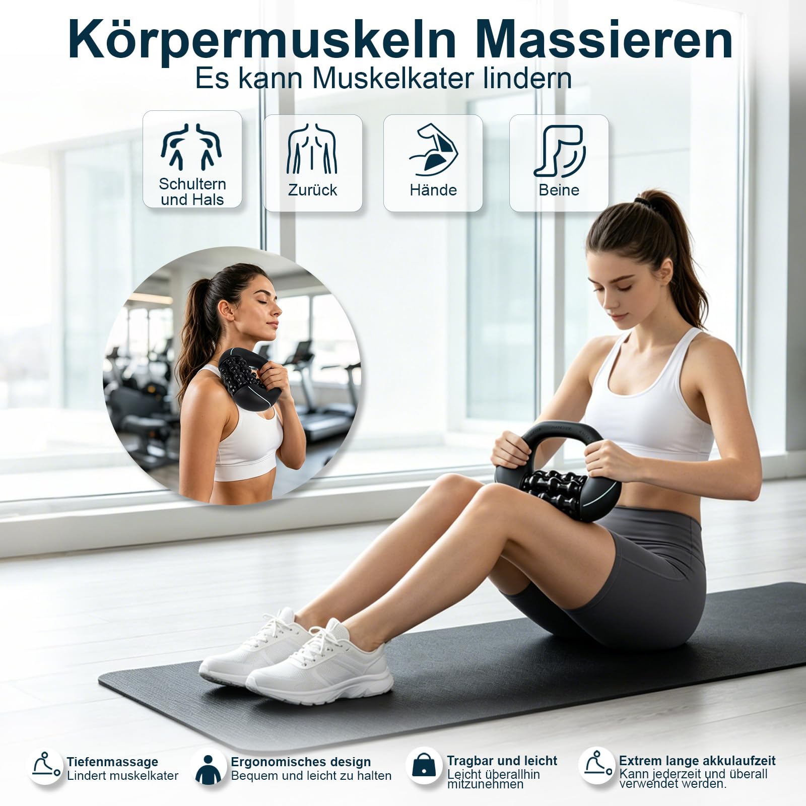 Massageroller Elektrisch Handmassagegerät,mit 3 Geschwindigkeitsstufen, 1200mAh Akku Massagegerät für Tiefengewebsmassage, Tragbarer Rollmassagegerät für Muskeln & Ganzkörperentspannung