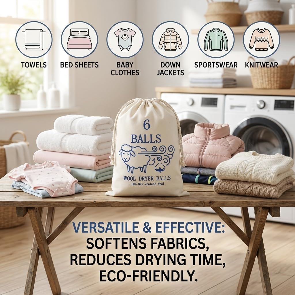 Homyng 6-Pack Large New Zealand Wool Dryer Balls - Natural Fabric Softener | Reusable Laundry Balls to Reduce Static Cling, Wrinkles & Shorten Drying Time