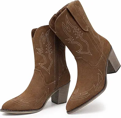 SHIBEVER Cowboy Boots for Women Wide Calf Western Embroidered Cowgirl Boots Pull on Pointed Toe Heeled Booties