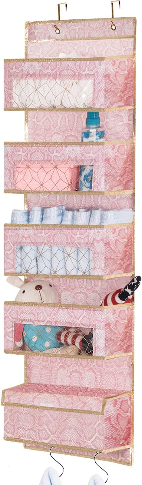 Over Door Hanging Organizer - Closet Door Storage Organizer 5 Large Pockets, Clear Window Pocket, 4 Metal Hooks for Baby Nursery Bedroom Pantry Bathroom (Pink)