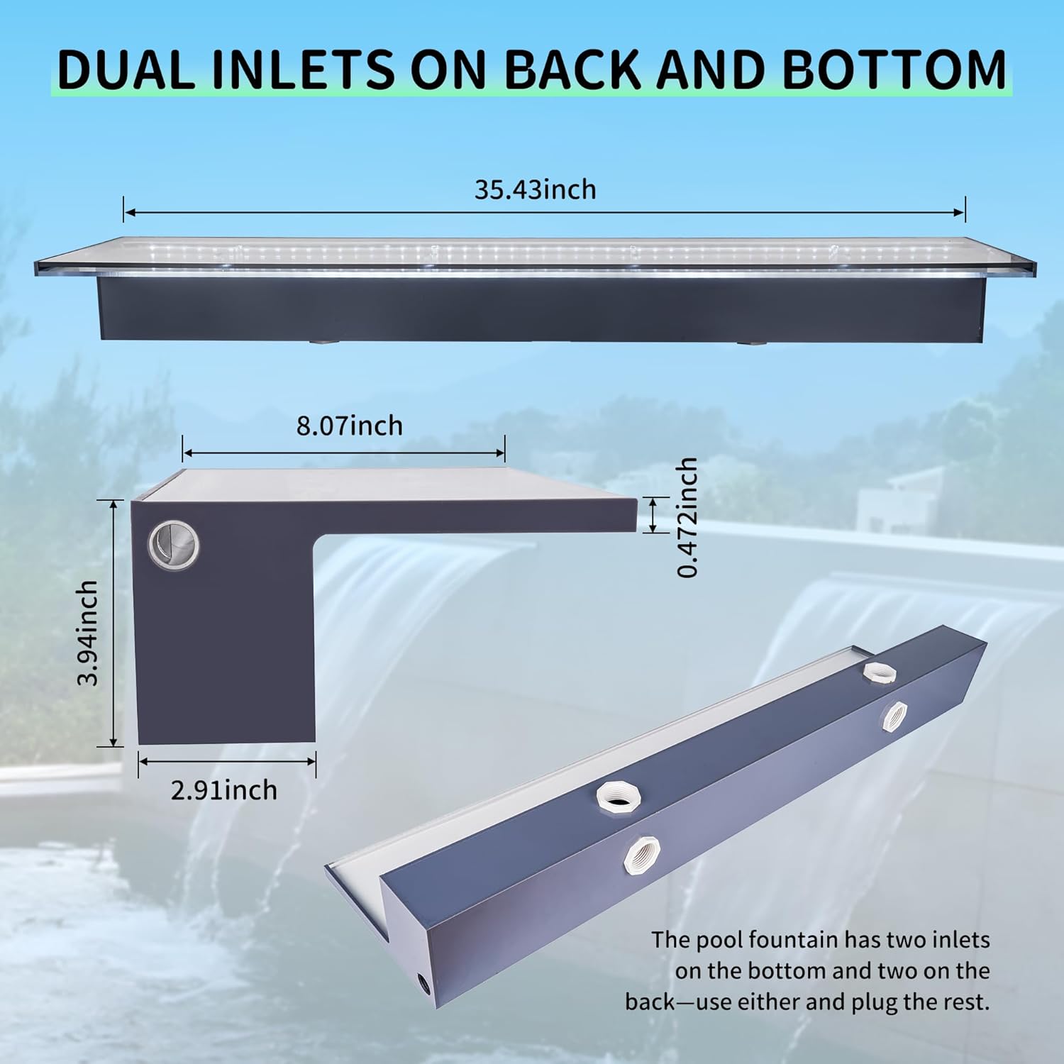 APP Control Acrylic Waterfall Spillway Pond Fountain with Multi-Color LED Lights - Sheer Descent Pool Fountain for Garden, Koi Pond, and Swimming Pool Decor (36 Inch)