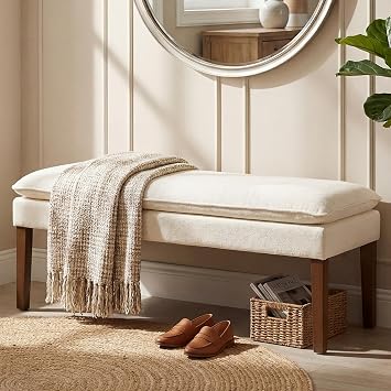 Ottoman Bench,End of Bed Entryway Dining Bench,Wood Legs,White | Upholstered bench with two-layer upholstery, bedroom bench, hallway bench, hallway furniture for bedroom and hallway