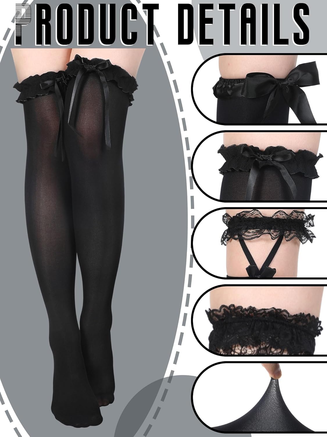 4 Pairs Women Lace Thigh High Stockings with Bow Fishnet Knee High Socks for Spring Summer - Image 3