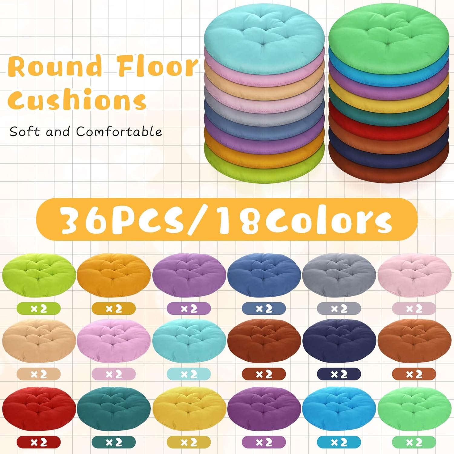 Tinideya 36 Pcs Round Floor Pillows 15.7 Inch Flexible Seating Pillows Chair Floor Cushions Reading Cushions for Kids Adults Classroom Home School Playing Supplies,18 Colors(Colorful)