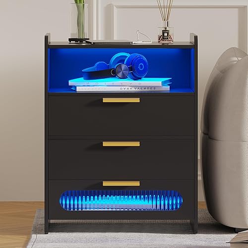 Miniatura 3 de dnbss Mesita de noche con estación de carga, mesita de noche LED con 3 cajones y almacenamiento de 2 niveles, mesa auxiliar de cama para dormitorio,