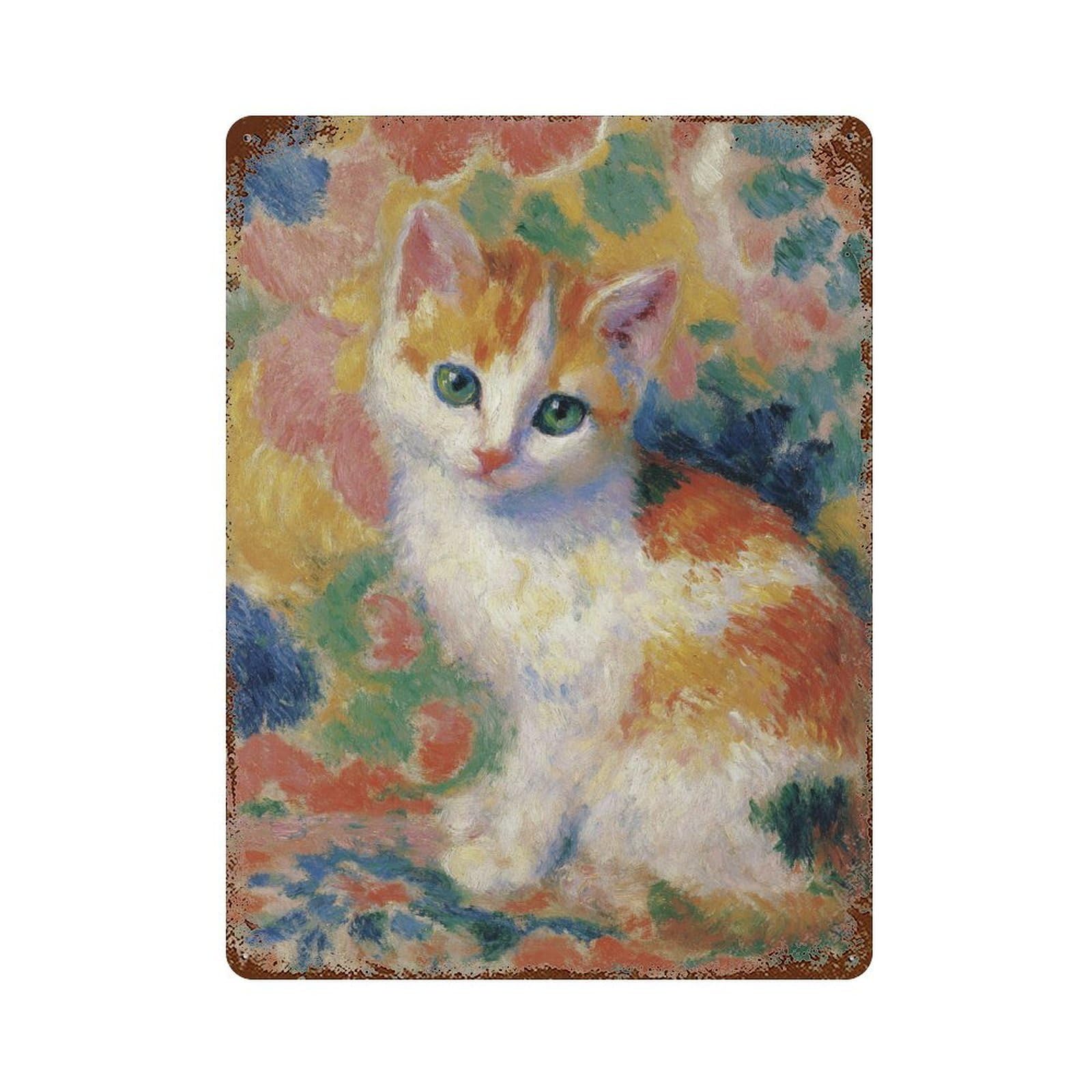 Distressed Metal Wall Sign Colorful Kitten Painting 15.7"x11.8", Old School Wall Decor for Bistro, Counter And Cafe Decor