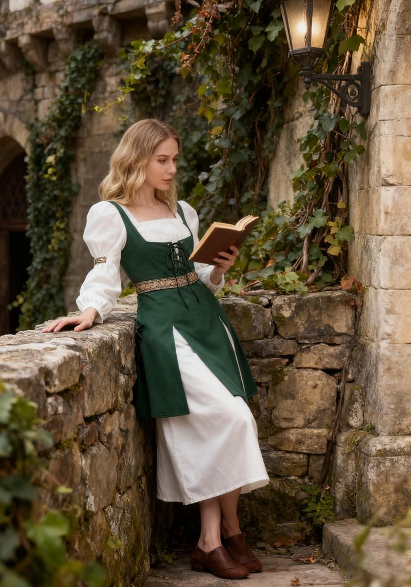 PROCOS Medieval Dress Womens Renaissance Victorian Corset Skirt Retro Linen Green Ren Faire Outfit Fairy Cosplay Costume - Image 4