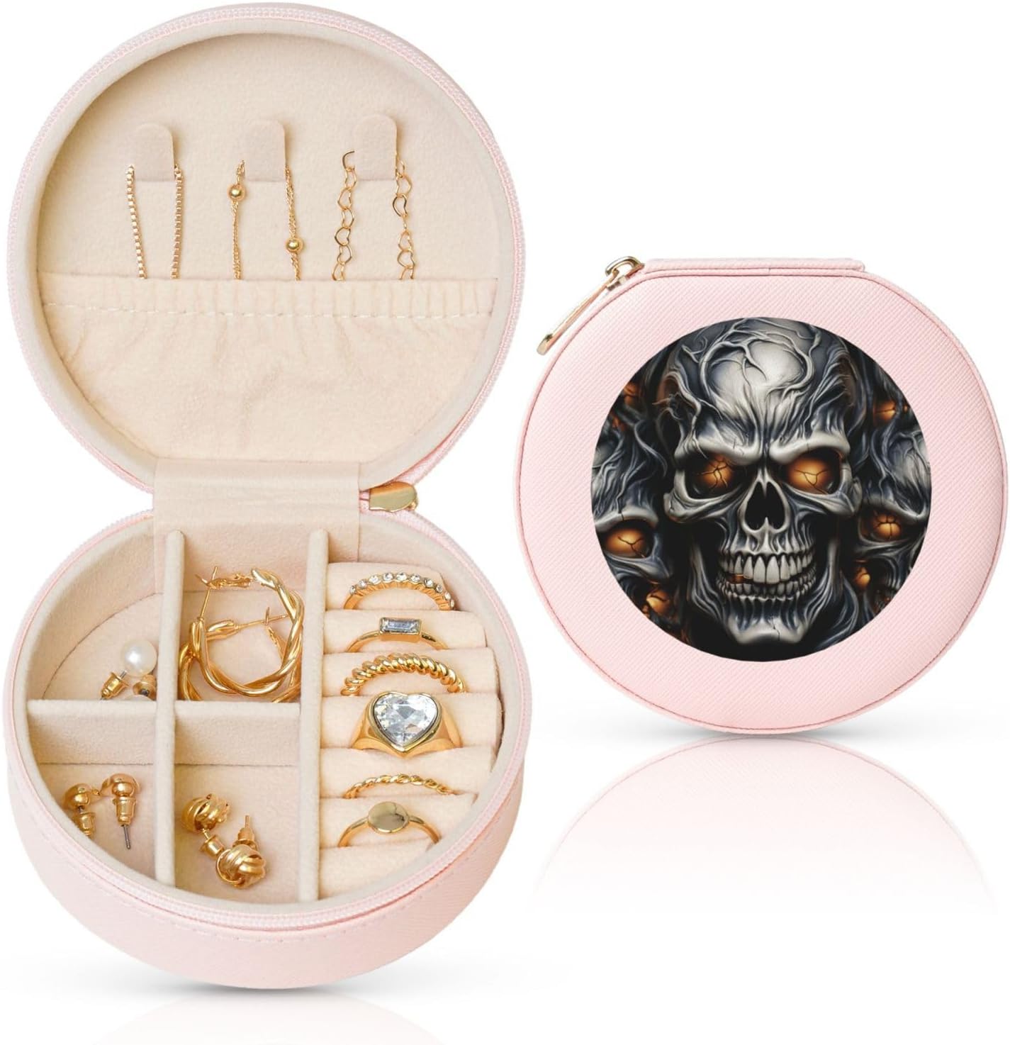 Travel Jewelry Box Leather Small Jewelry Organizer for Women,Portable Jewelry Case Cool Evil Skull Display Storage Holder Boxes Mini Travel Case for Necklace Rings