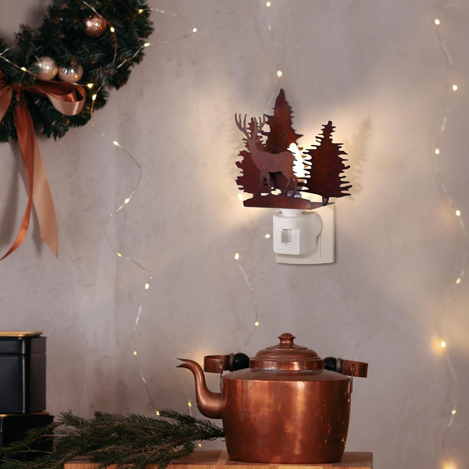 Tuanse Forest Deer Plug in Night Light Farmhouse Metal LED Night Light Decorative Vintage Novelty Lamp Decor for Holiday Bedroom Living Room Bathroom Christmas Gift