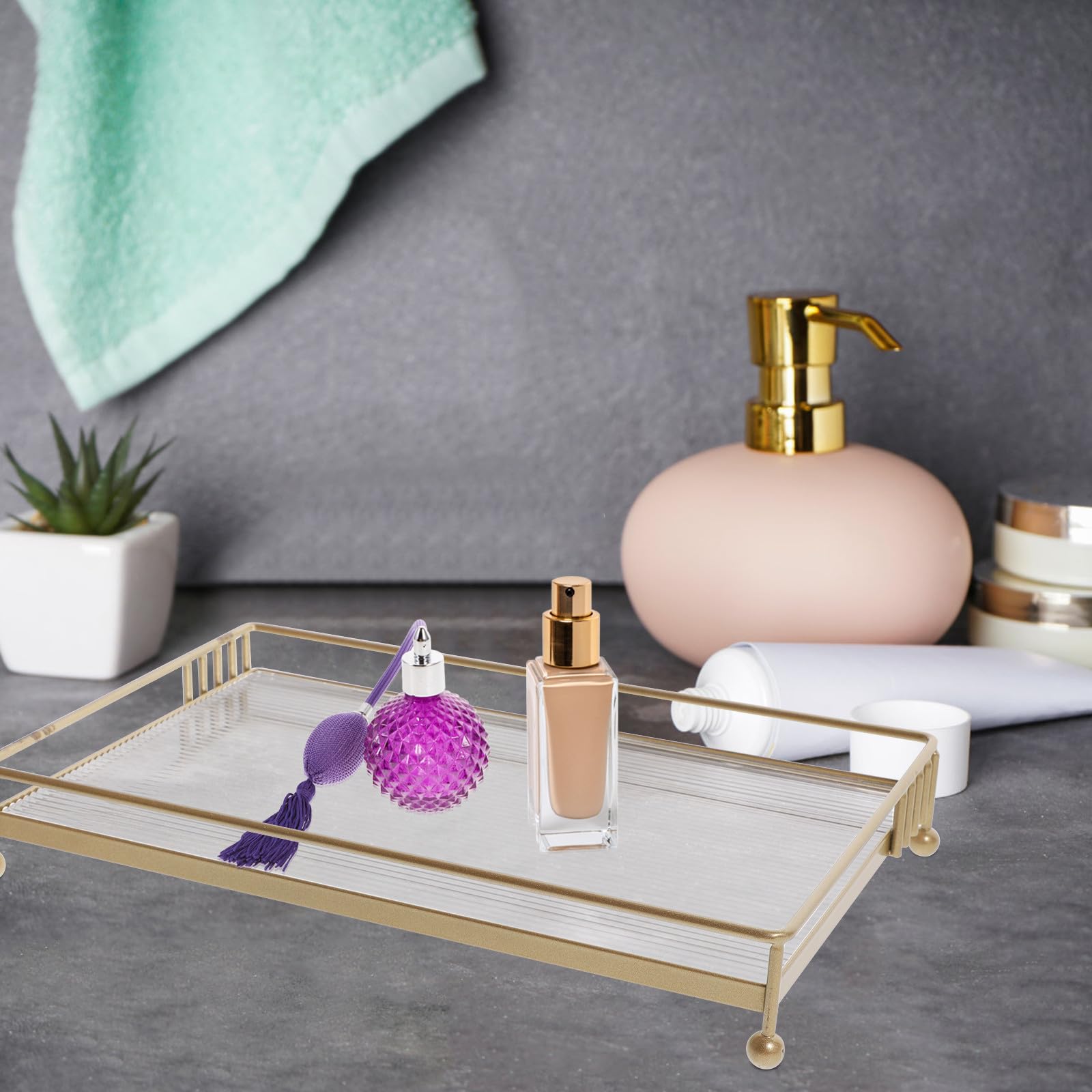 TEHAUX bandejas Decorativas de mostrador Organizador de baño para encimera de baño y Cocina, Dorado, Acero al Carbono y acrílico, práctico y fácil de Instalar