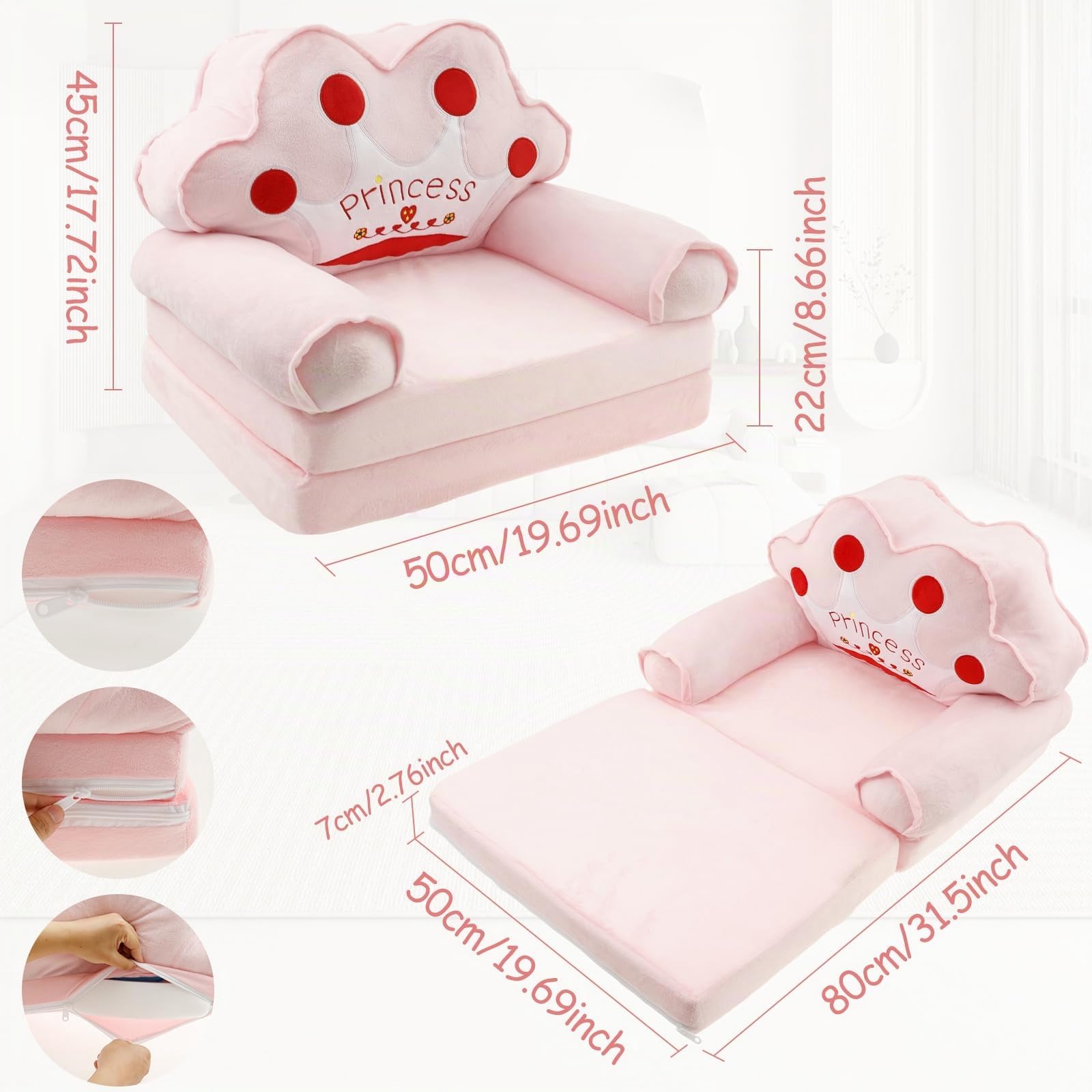 Sofá infantil desplegable 2 en 1, sillas suaves para niños pequeños con asa, 80×50 cm, sillón lounge para bebé, sofá de juegos convertible en tumbona para niñas y niños de 1 a 4 años, sala de juegos