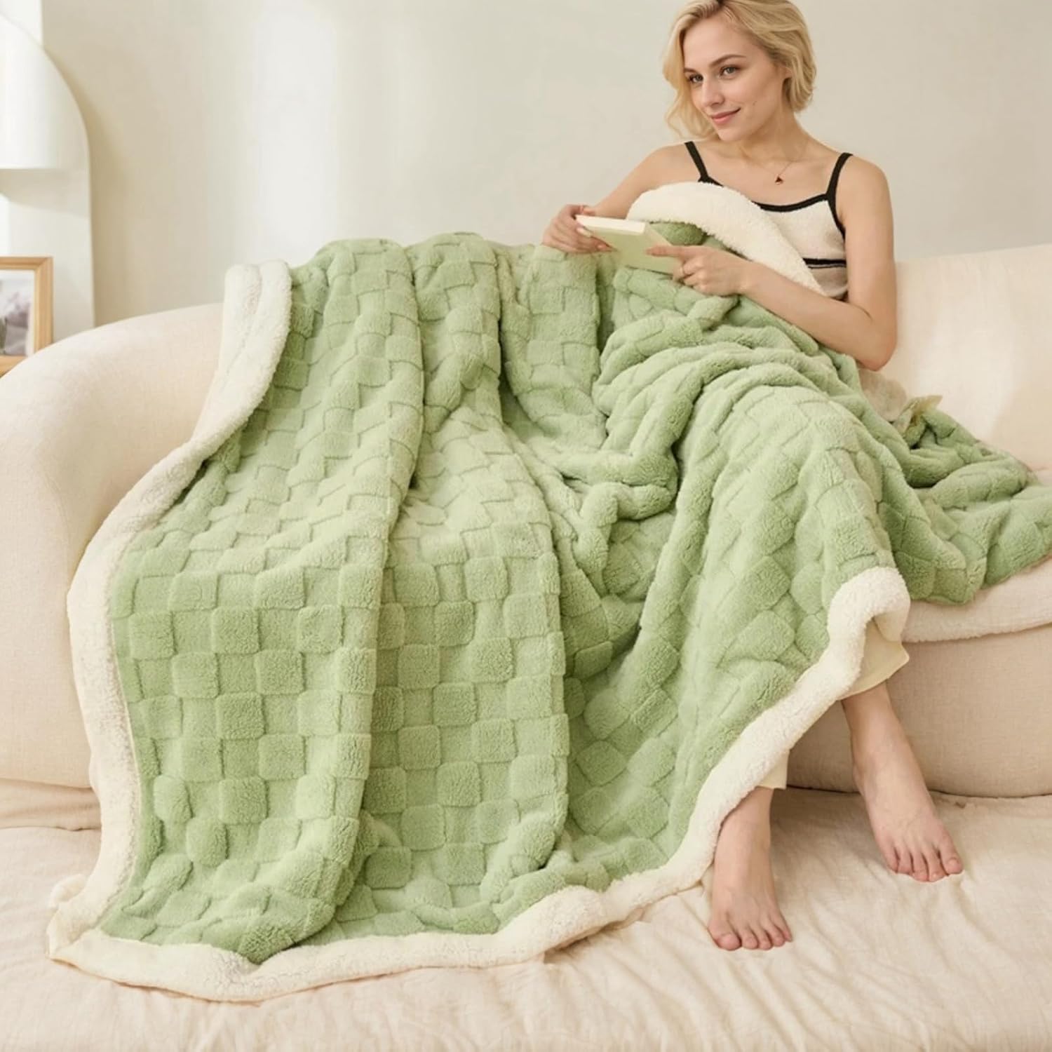 Sherpa Throw Blanket for Couch, Flannel Cozy Soft Thick Blanket for Bed - Fleece, Sage Green, 60x80 Inches - Image 3