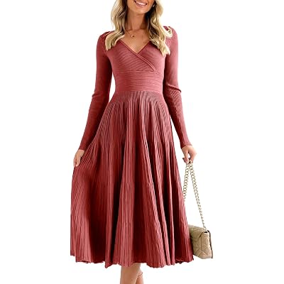 Saodimallsu Womens Long Sleeve Midi Sweater Dress Wrap V Neck Pleated A Line Fit Flare Elegant Knit Maxi Dress