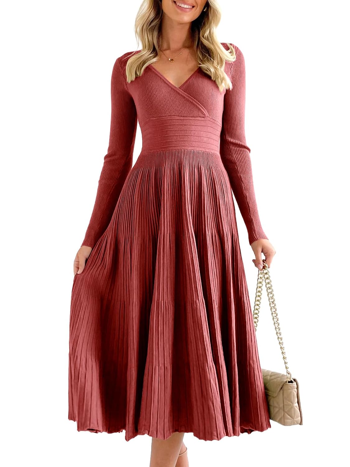 Saodimallsu Womens Long Sleeve Midi Sweater Dress Wrap V Neck Pleated A Line Fit Flare Elegant Knit Maxi