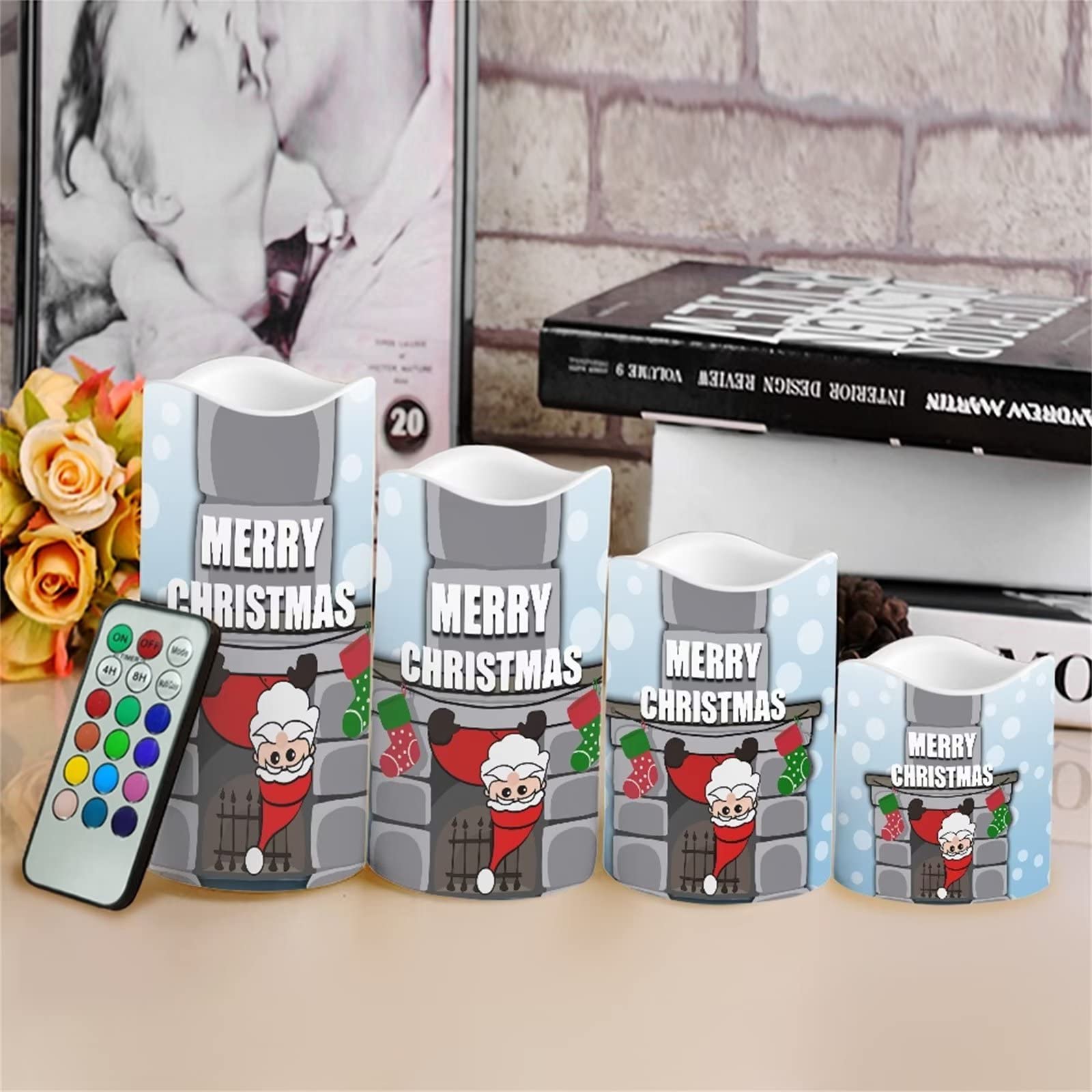 Set di 4 candele a LED senza fiamma con pilastro in vera cera a batteria, con telecomando a 18 tasti