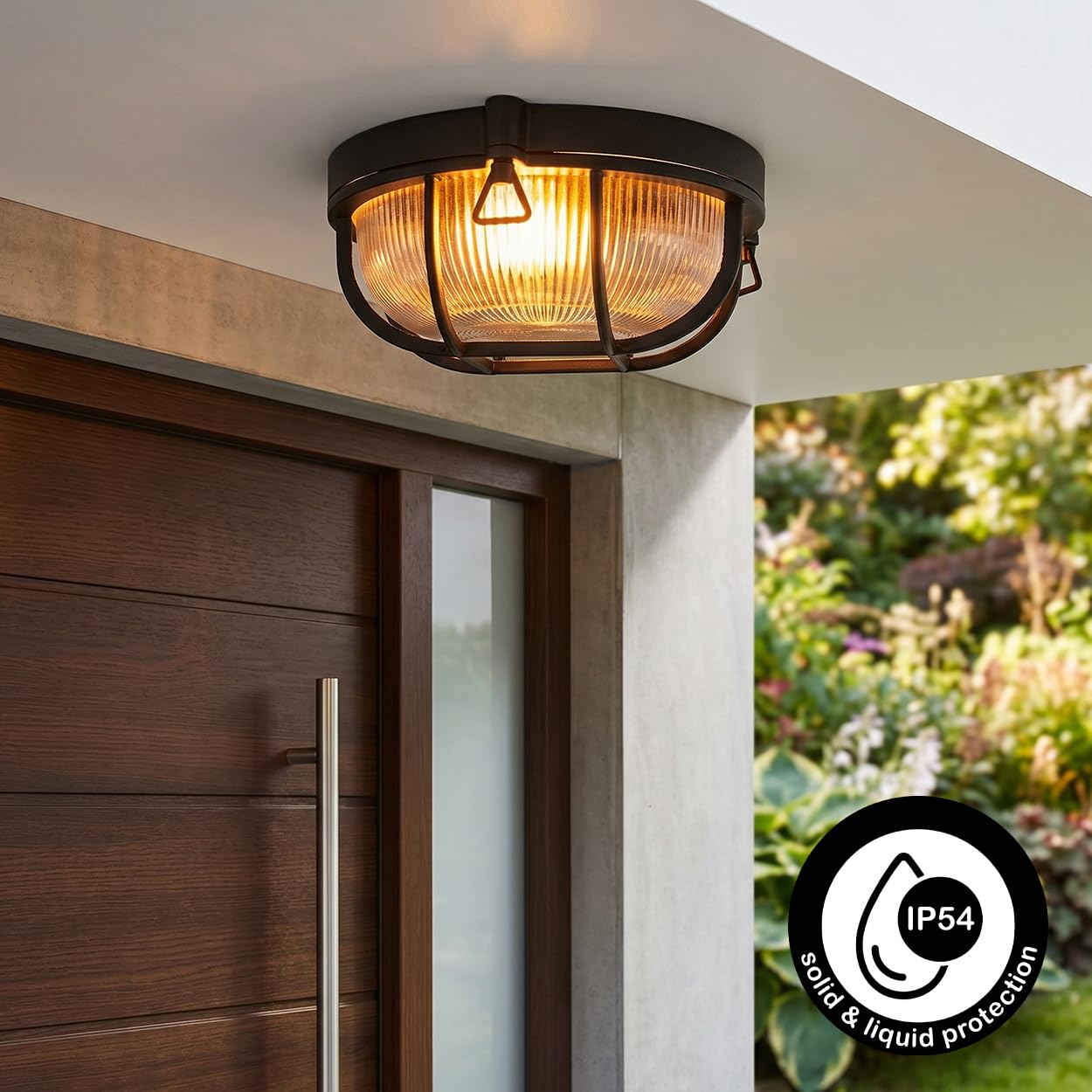 HOFSTEIN lampada da soffitto per esterni Godel, in metallo/vetro ondulato nero/trasparente, design industriale/retrò/vintage ingresso, balcone, terrazza, E27, IP44