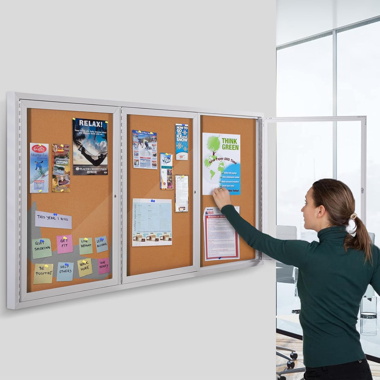 SWANCROWN Weather Resistant Enclosed Bulletin Board Cork Displays Case Wall Mounted Notice Cabinet with Three Lockable Doors, 70x36 inches