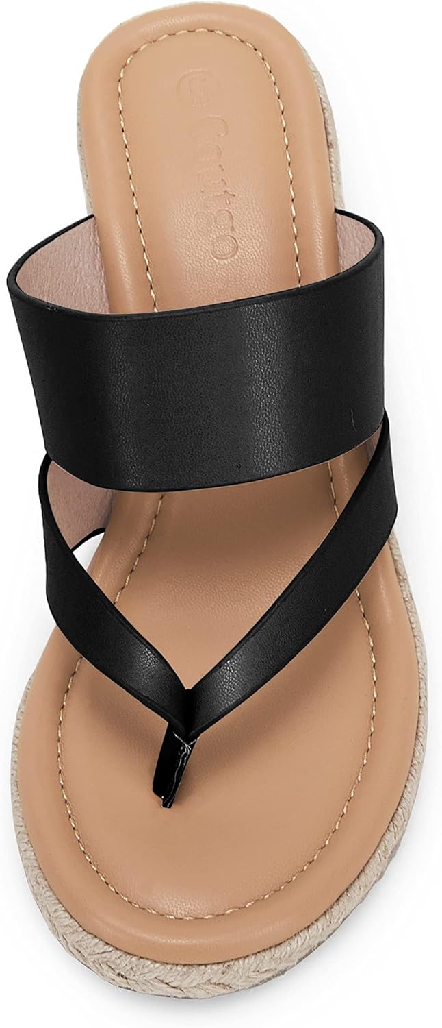 Coutgo Women's Espadrille Wedge Sandals Platform Thong Leather Strap Slides Backless Slip On Summer Casual Flip Flops - Image 4