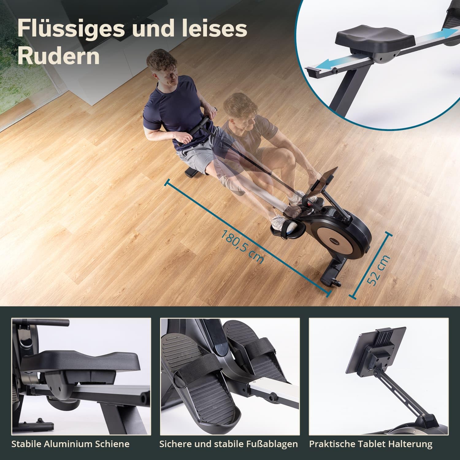 Skandika Njord P6-G Máquina de Remo para casa autogenerada| 32 Niveles de Resistencia eléctrica, hasta 200 cm y 135 kg, Compatible con la App Kinomap