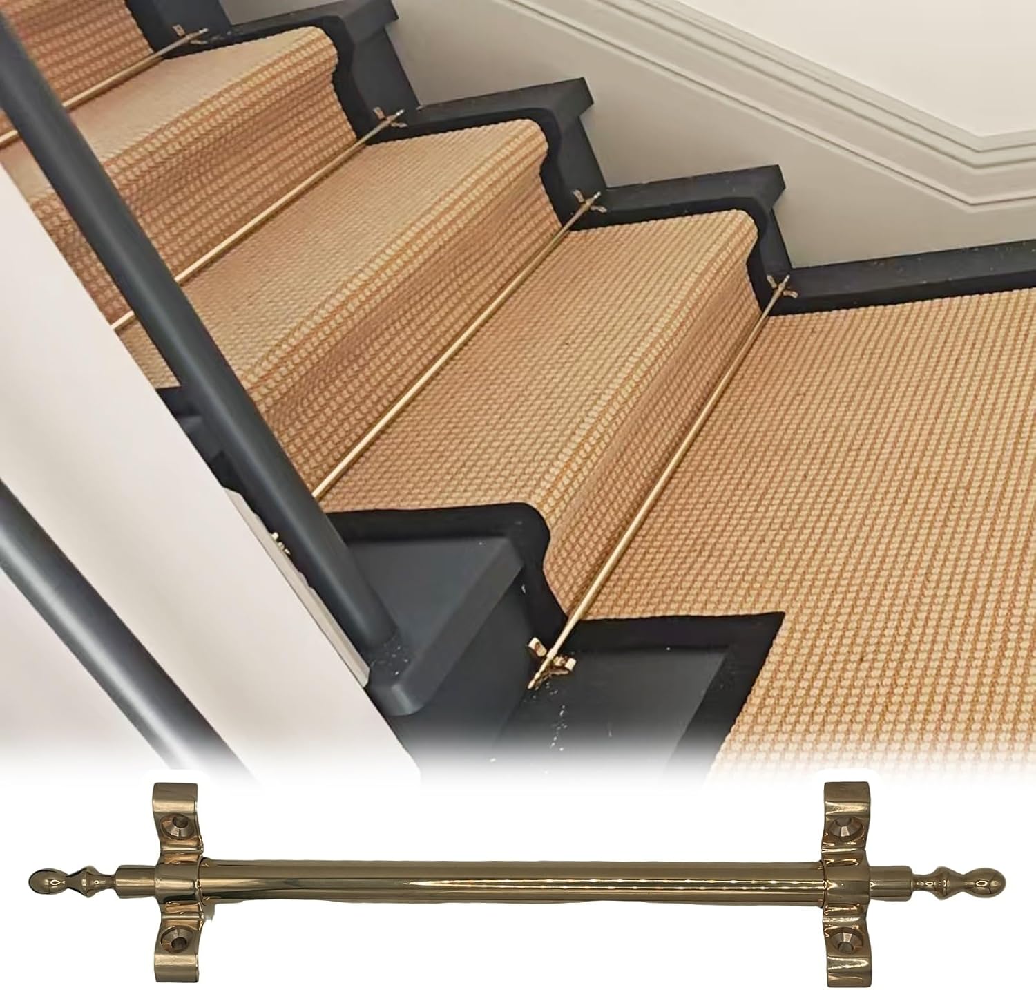 Brass Stair Carpet Runner Holder Rods - Decorative Rug Pole for Fixed Stairs, Oval Finials, Custom Size (2 Pack, 24in/61cm) - Durable Stairway Accessories