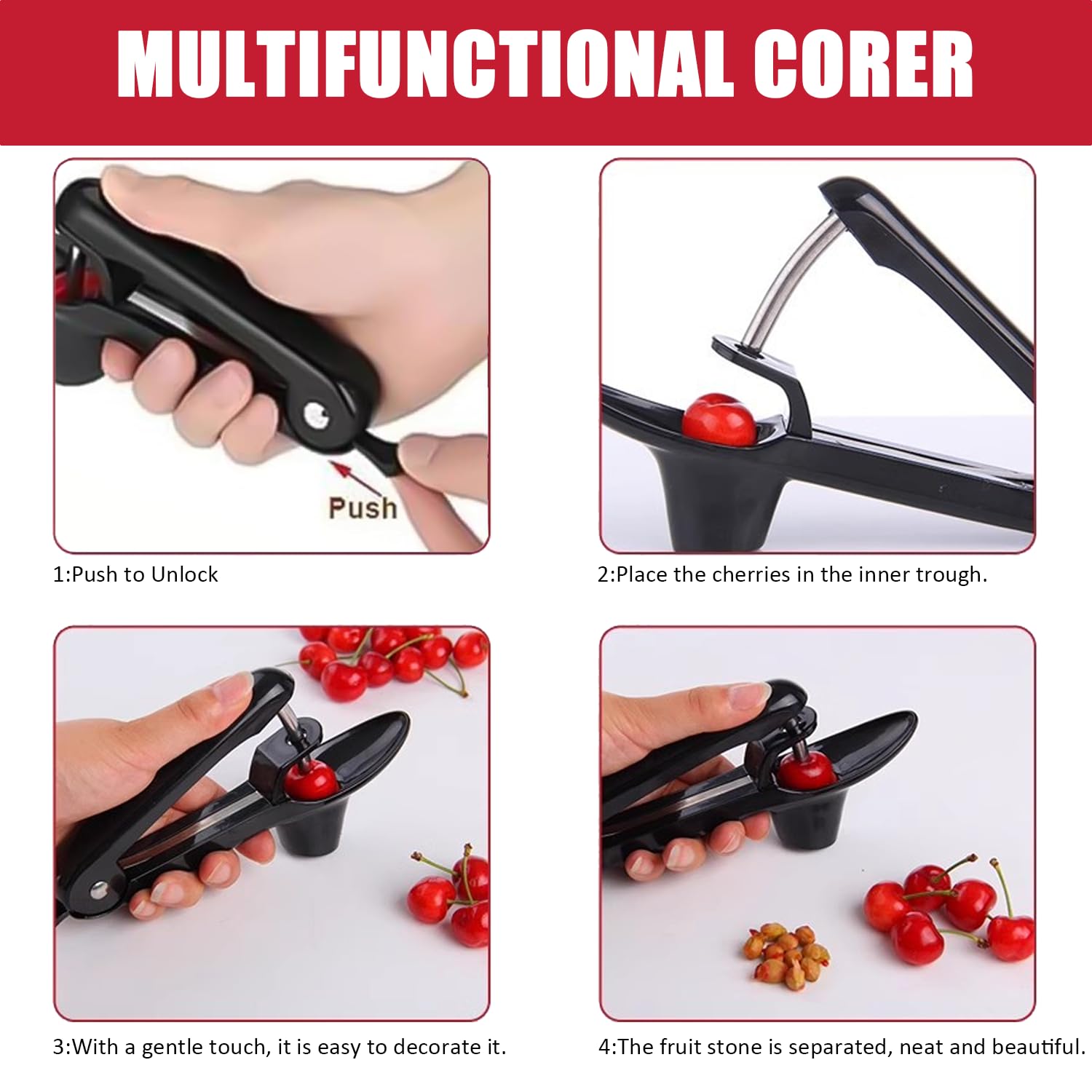 Dénoyauteur Cerises Manuel en Acier Inoxydable - Snocciolateur pour Olives & Fruits à Noyau, Outil Élégant pour Confiture, Desserts et Cuisine Maison (Noir)