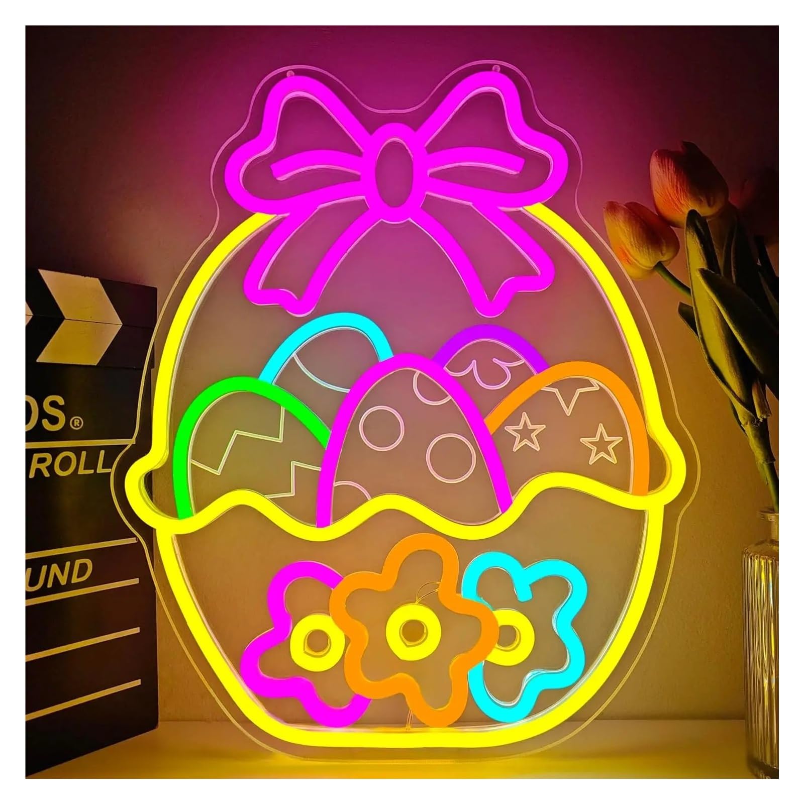 Néon LED Pâques Panier de Fleurs Lumineux USB 38x31cm pour Déco Murale Chambre