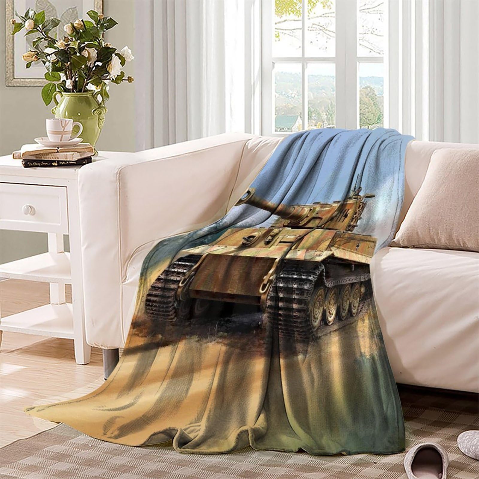 Przytulny koc 150 x 200 cm, lekki koc flanelowy, czołg z II wojny światowej, na kanapę, ciepły tygrys, koc polarowy, jako narzuta na kanapę, do salonu, podwójny koc o szerokim zastosowaniu
