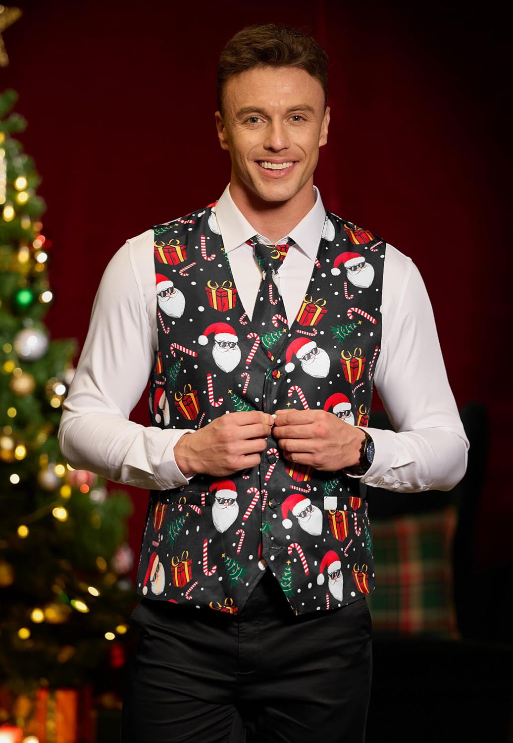 Arvilhill Men's Christmas Suit Vest with Tie Merry Pattern Business Party Festive Wear Set (S-3XL)