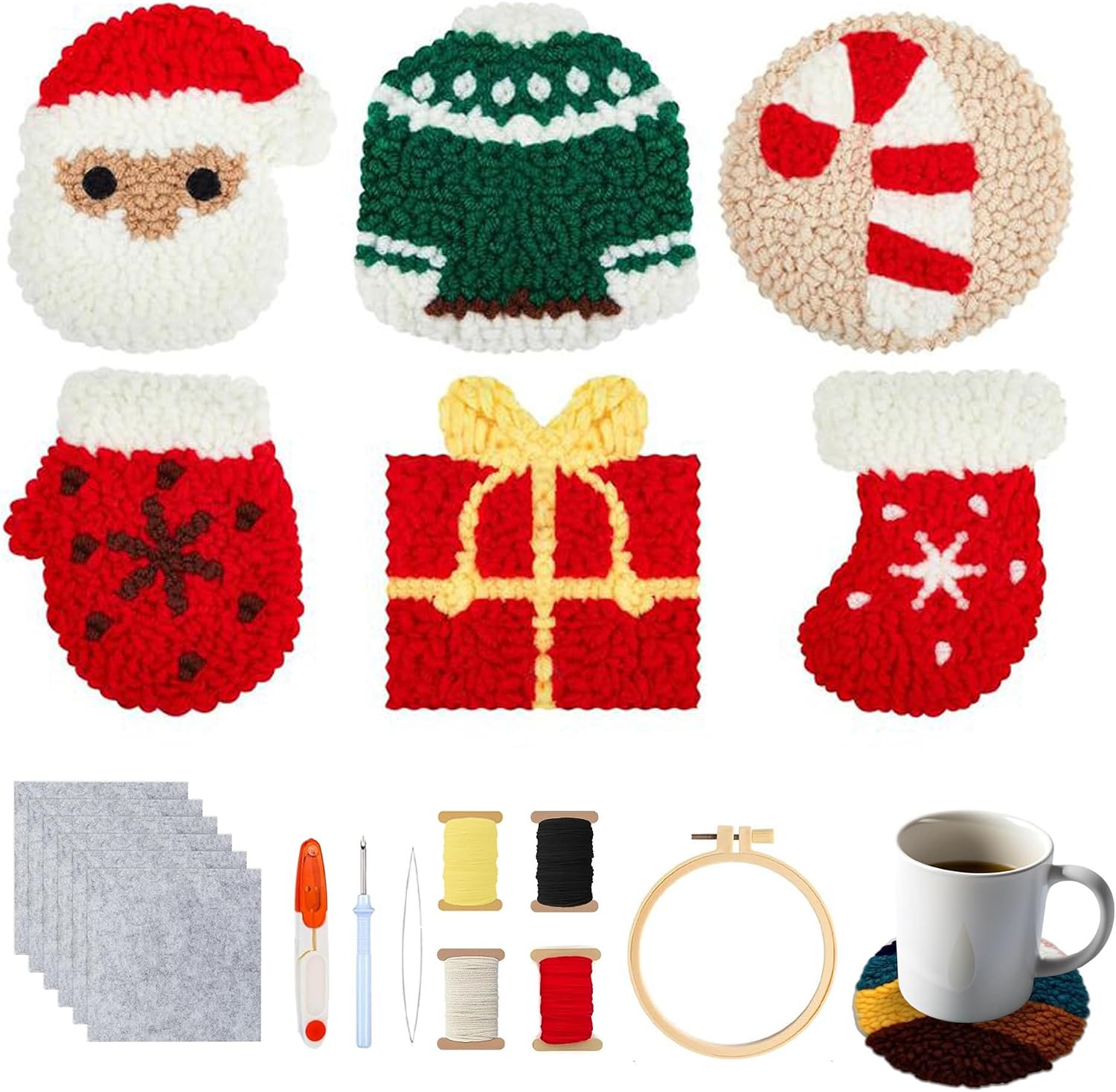 yesJRL Punch Needle Coasters Kit, Set of 6 Starter Needle Embroidery DIY Set for Beginners Adults, Easy Coasters Kit with Adhesive Felt, Yarns, Embroidery Hoop (Red Christmas)