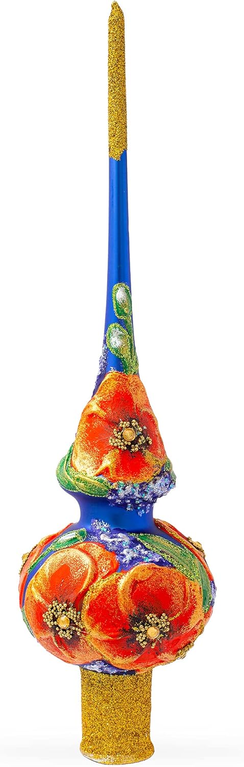 Poppy Flowers on Blue Mouth Blown Glass Christmas Tree Topper 11 Inches