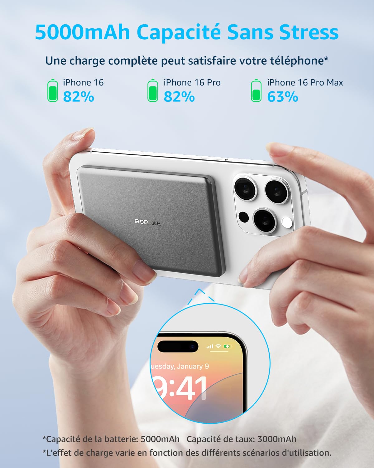 “Air” Batterie Externe Magnétique sans Fil Ultra Mince 5000mAh, Compatible avec MagSafe, Coque Rechargeable Batterie Externe, Uniquement pour Les Séries iPhone 17/16/15/14/13/12 (Gris)