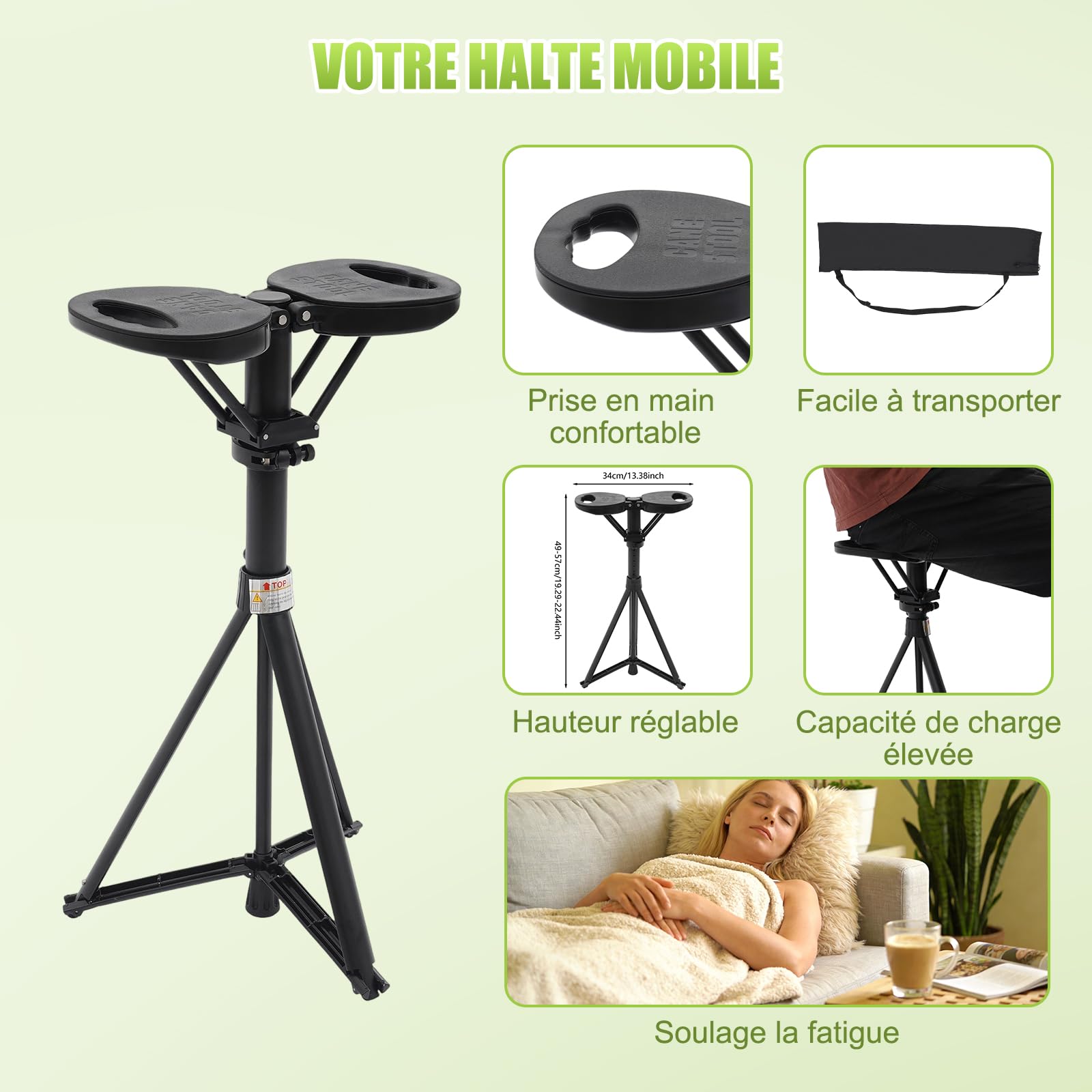 Canne de marche portable pliable avec siège - Avec sac de transport - Pour adultes et personnes âgées - Charge maximale : 150 kg - Pour les voyages en plein air