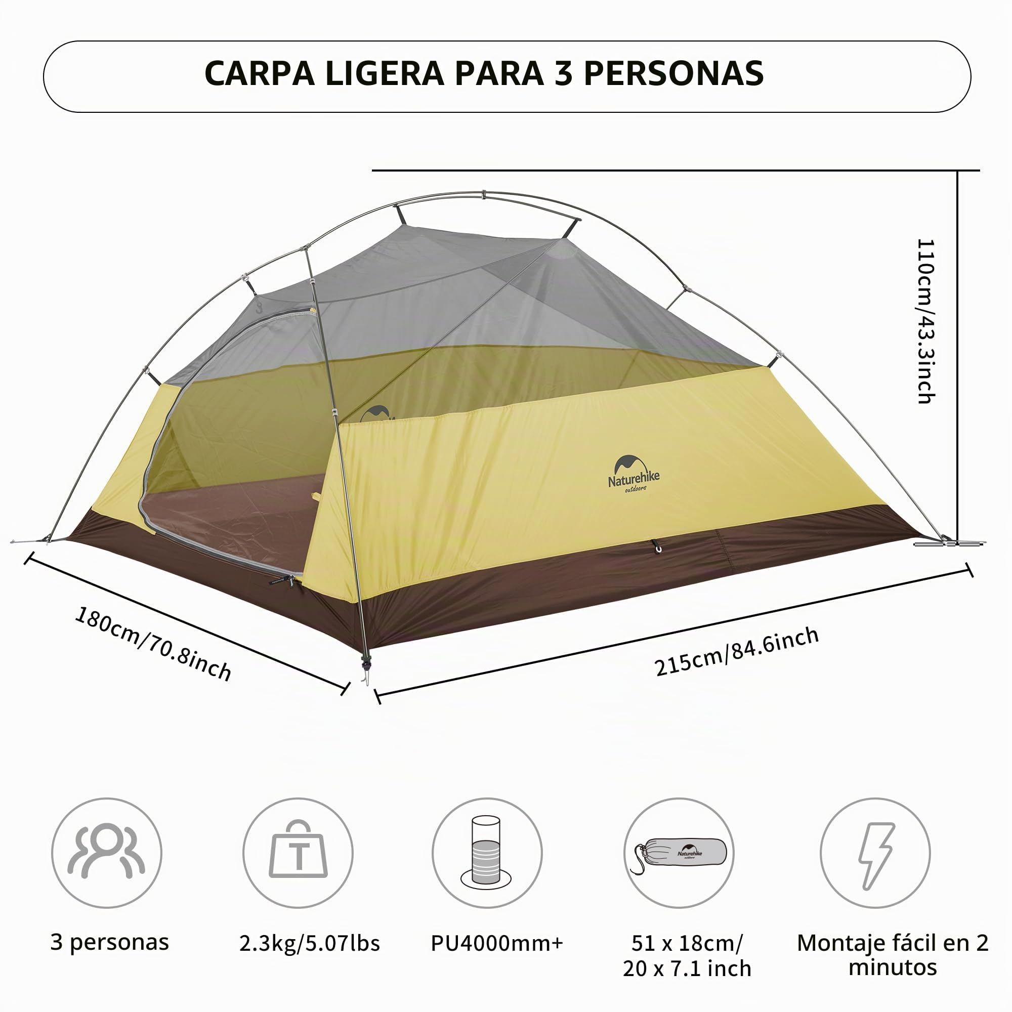 Naturehike Cloud-Up 3 - Tienda de campaña profesional ultraligera para 3 personas, mochileros, senderismo, camping, ciclismo