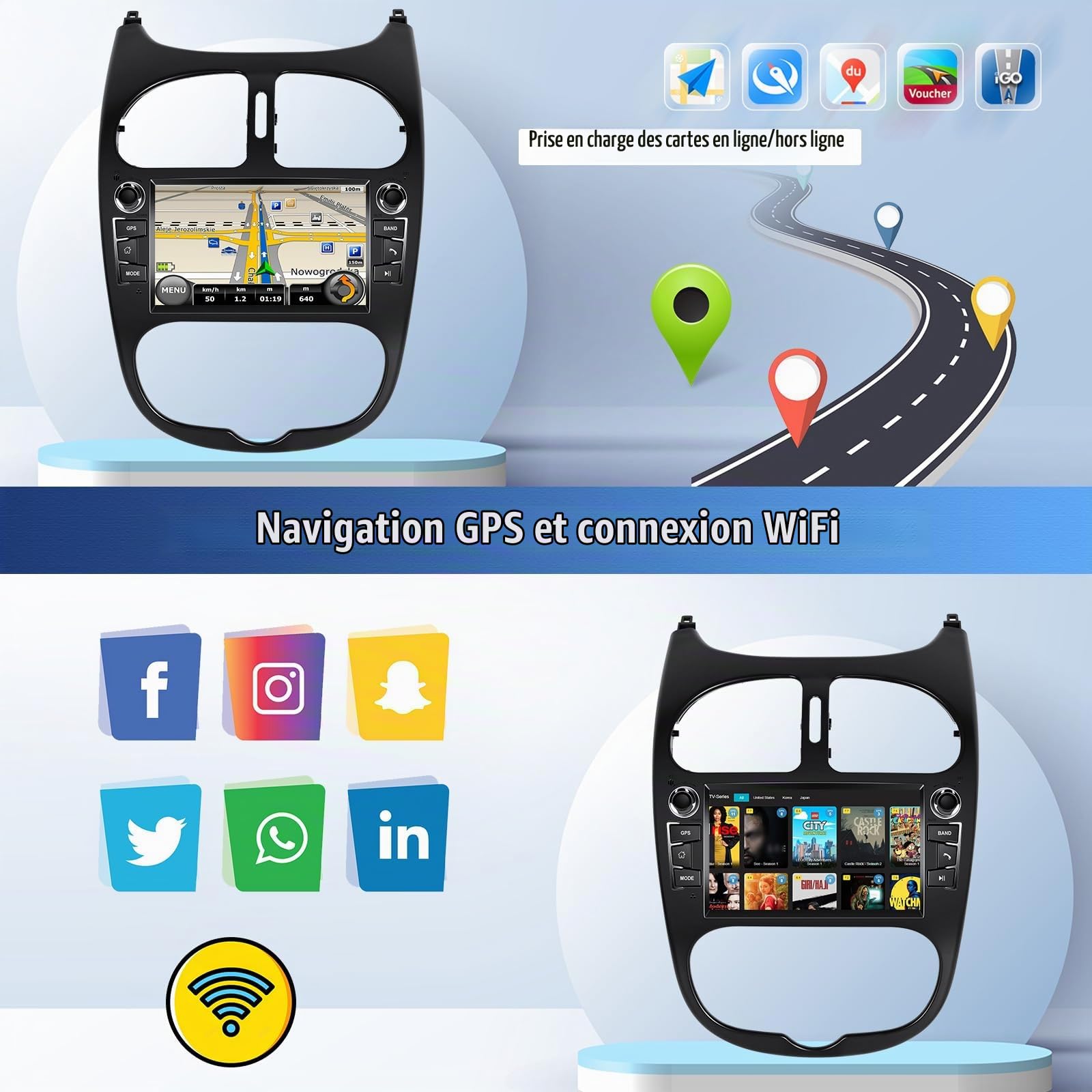 Android 15, 2G+64G CAMECHO Autoradio pour Peugeot 206 206CC 2002-2010 avec Carplay Android Auto, 7 Pouces Écran Tactile avec GPS Navi WiFi Mirror Link Bluetooth FM/RDS SWC Caméra de Recul