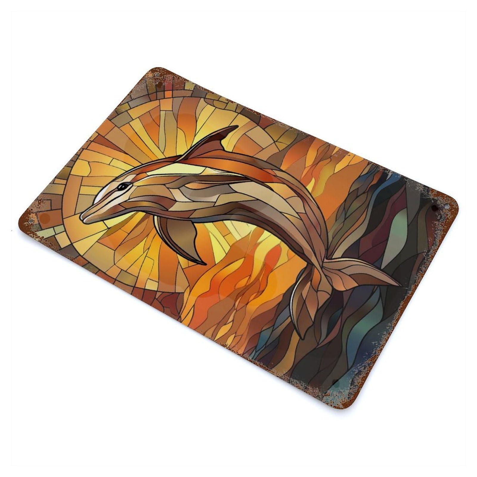 Dolphin Sunset Stained Glass Rusty Metal Tin Sign 11.8"x7.9", Ideal for Pub, Kitchen And Man Cave Decor