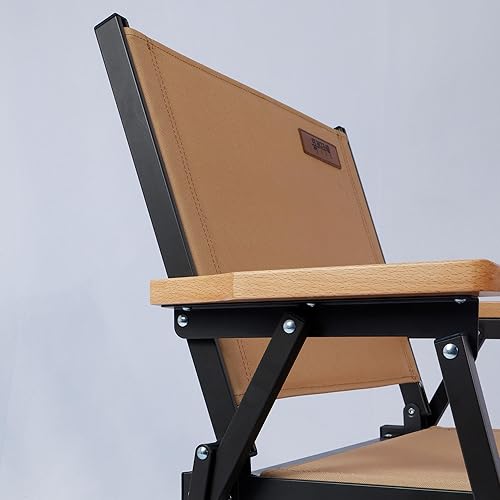 Miniatura 7 de Silla de camping plegable ligera, silla de playa de aluminio marrón grava para exteriores con reposabrazos de madera maciza, silla de pesca plegable