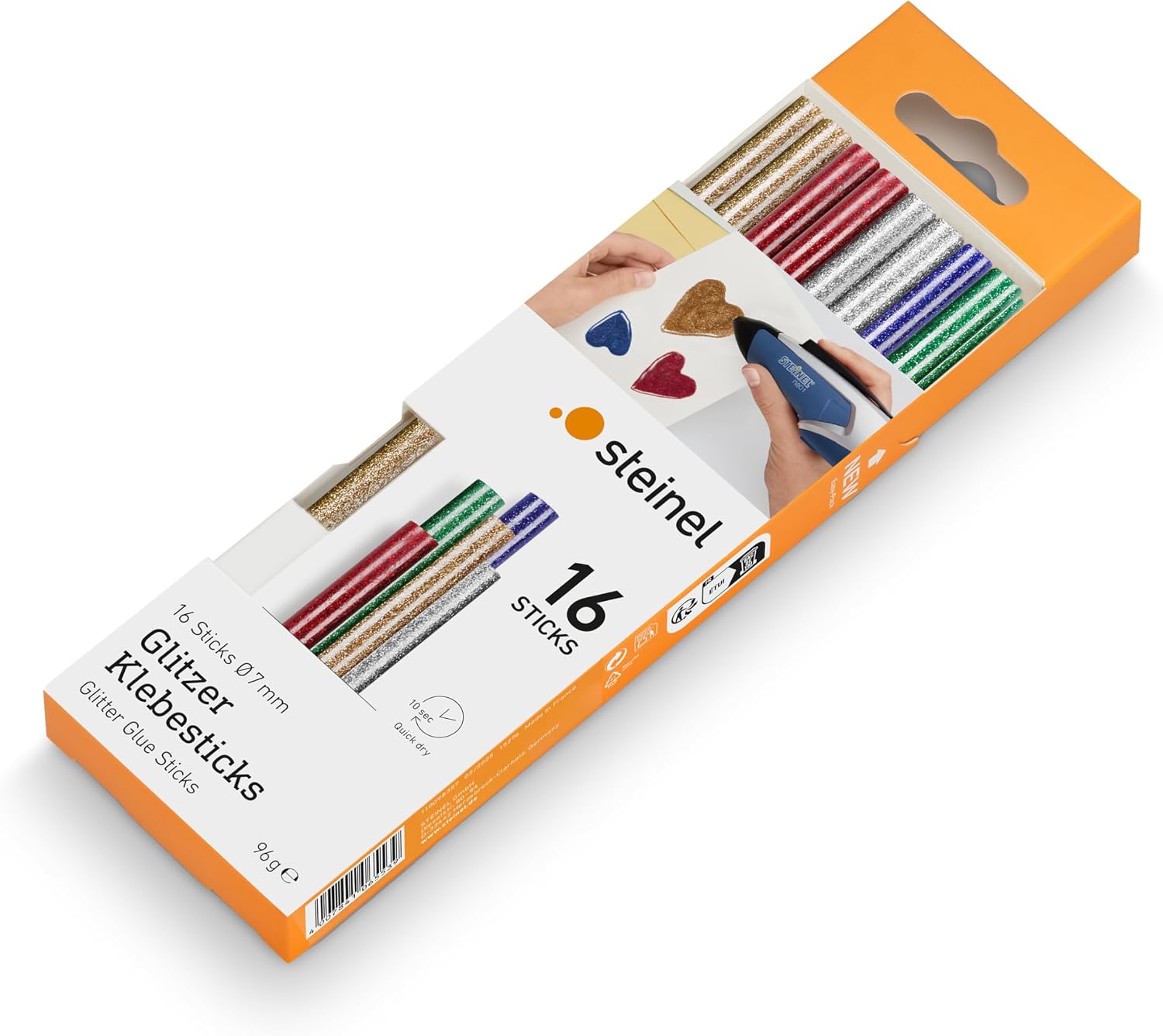 STEINEL Glitter Ø 7 mm, 16 Sticks, 96 g, 150 mm Length, hot-melt Glue in 5 Different Colours, Ø 7 mm-16 pcs