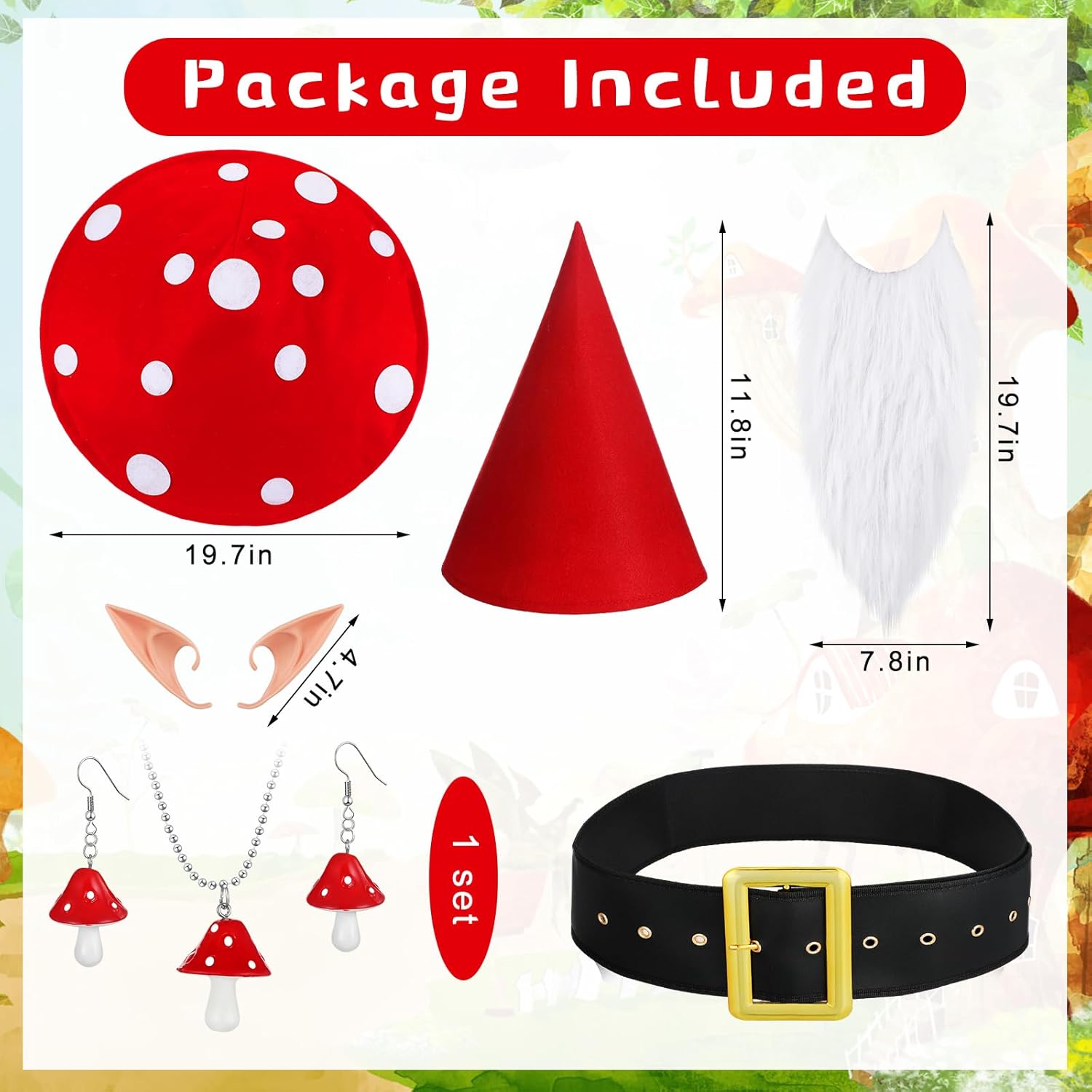Mepase 7 Pcs Halloween Funny Gnome and Mushroom Costumes, Couple Costumes for Adult Mushroom Hat Renaissance Accessories Set Forest Dwarf Cosplay Halloween Medieval Fantasy Fairy Elf Accessories