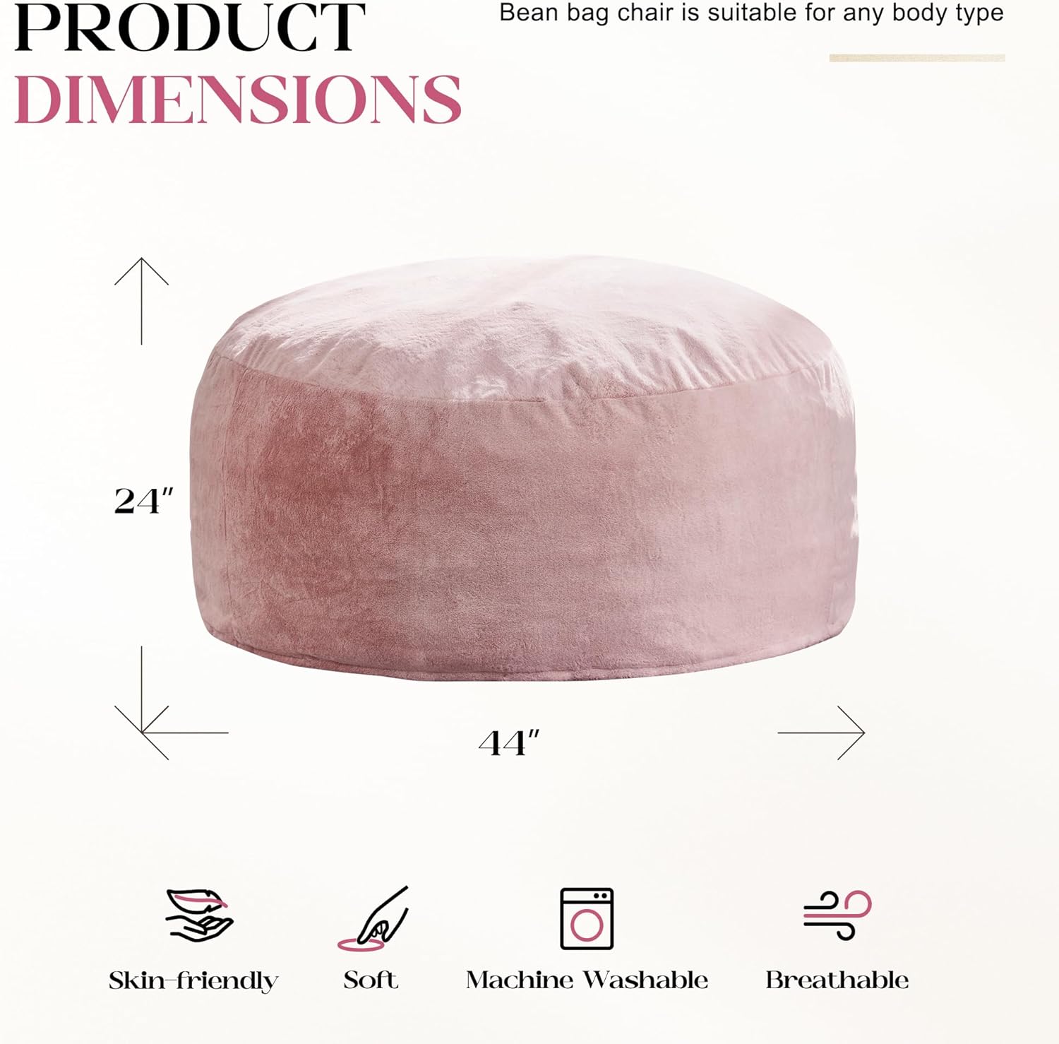 hobestluk bean bag chairs giant beanbag chair with filler, memory foam bean bags with fluffy & machine washable cover, bean bag chairs for aduts for living room, bedroom (pink, 4ft - 44” x 44” x 24”) pink 4ft - 44” x 44” x 24”